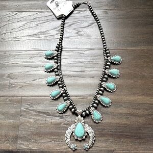 Laura Ford Squash Blossom pendant,pear-shaped faux turquoise stones,gray beads